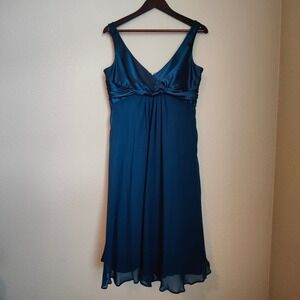 Jones New York Dress Empire Teal Blue Silk Chiffon Satin Knot Midi Cocktail 12